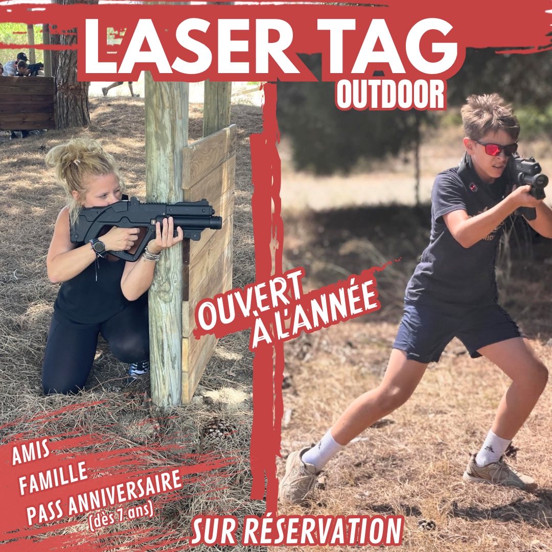 Laser Tag outdoor — ouvert à l'année sur réservation. Amis, famille, pass anniversaire dès 7 ans